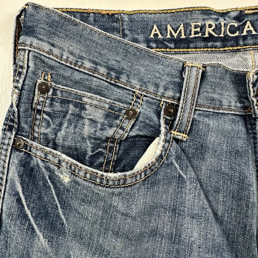 Y2K American Eagle‎ Mens Low Loose Jeans 31x30 Blue Light Wash Distressed Denim